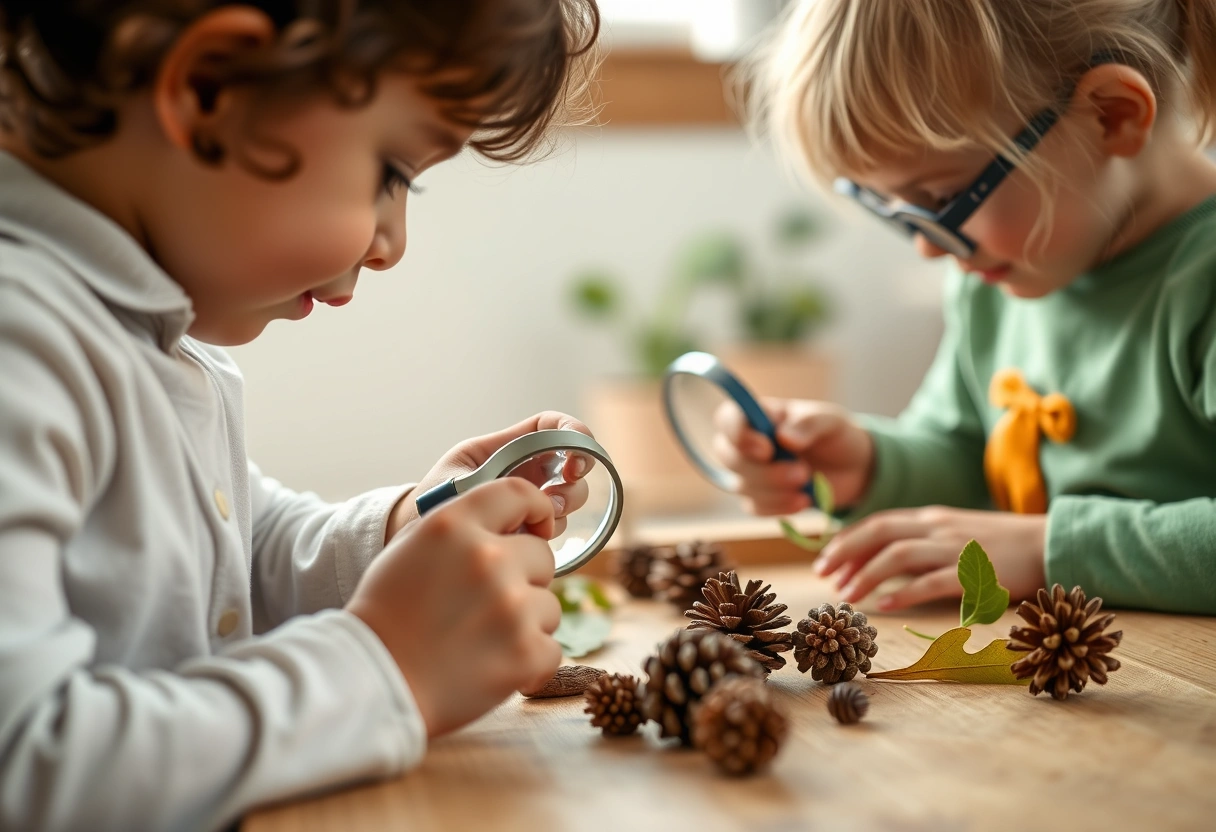 Children exploring nature materials with curiosity and wonder