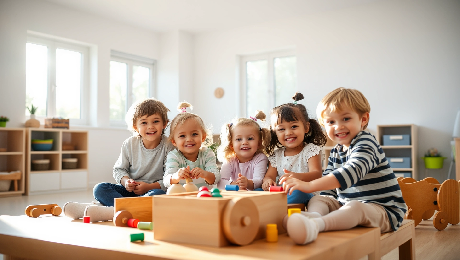 Happy children learning and playing together in a bright sunlit classroom