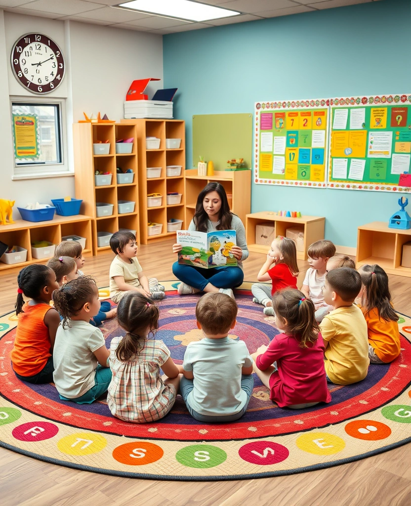 Pre-K children engaged in circle time story reading